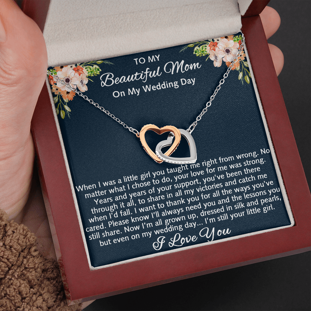 To My Beautiful Mom On My Wedding Gift - Interlock Heart Necklace with Inspirational Card Mother Of The Bride Gift From Daughter, Bride