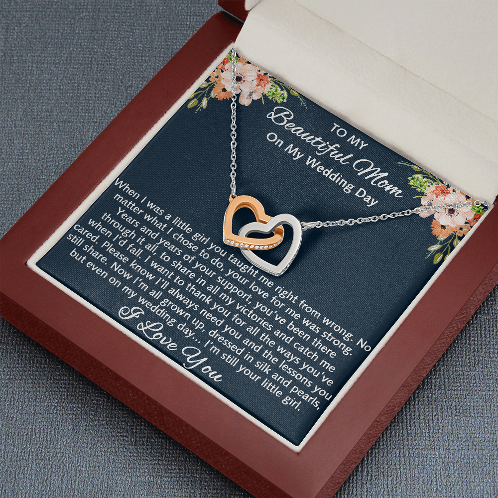 To My Beautiful Mom On My Wedding Gift - Interlock Heart Necklace with Inspirational Card Mother Of The Bride Gift From Daughter, Bride