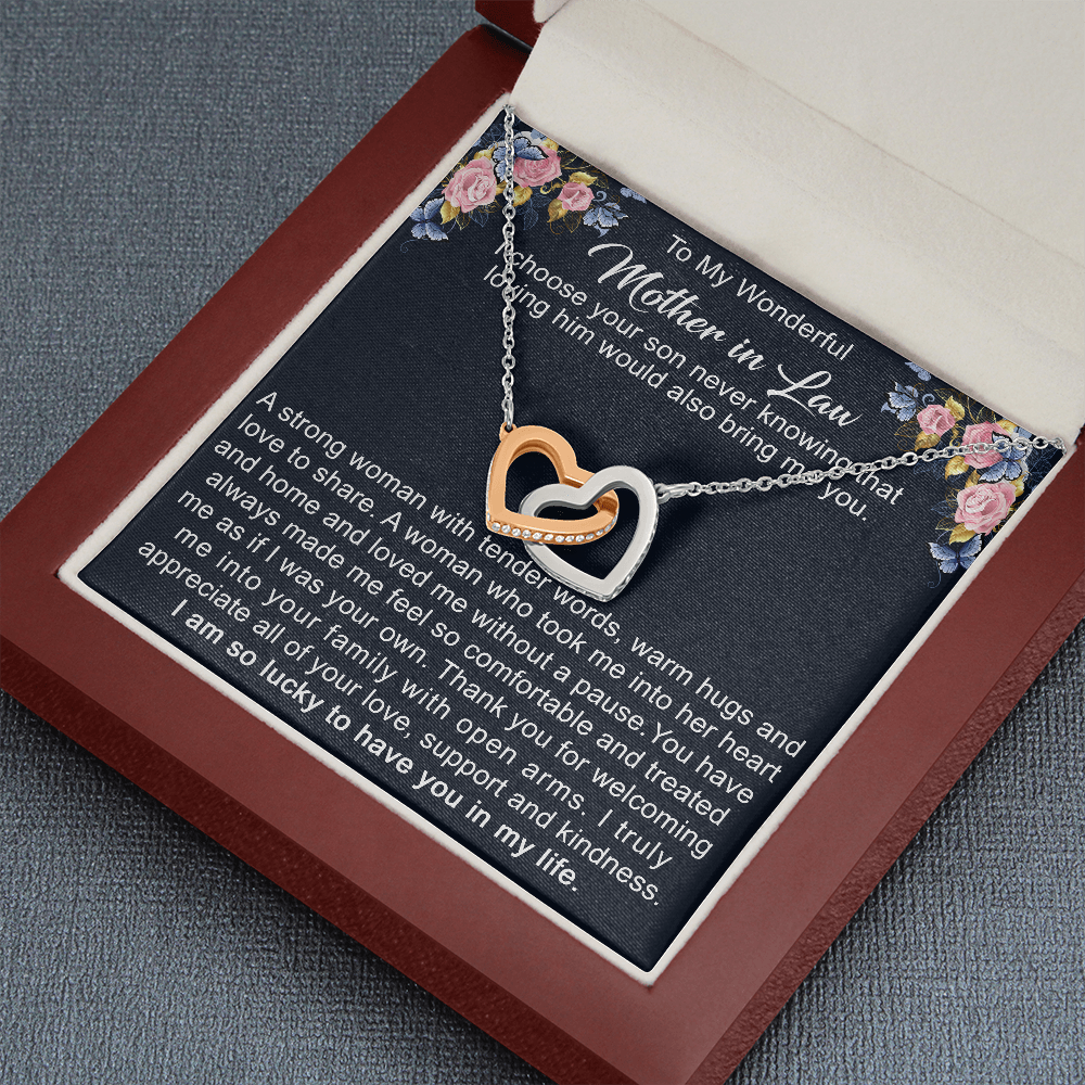 To My Mother in Law Interlock Heart Necklace from Daughter | Gift to Mother-in-Law for Christmas Birthday Mother's Day, Message Card to Mom-in-Law
