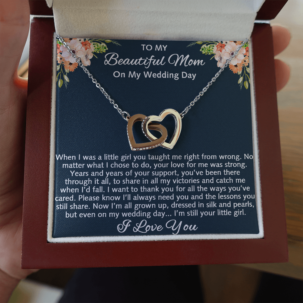 To My Beautiful Mom On My Wedding Gift - Interlock Heart Necklace with Inspirational Card Mother Of The Bride Gift From Daughter, Bride