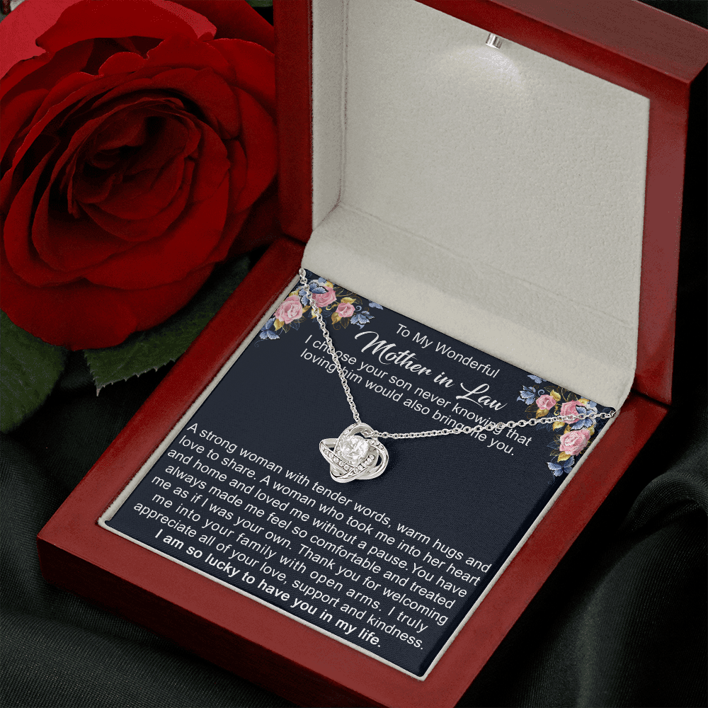 To My Boyfriend's Mom Love Knot Necklace - Mother in Law Jewelry Gift for Christmas, Birthday & Mother's Day, Message Card to Boyfriend Mother