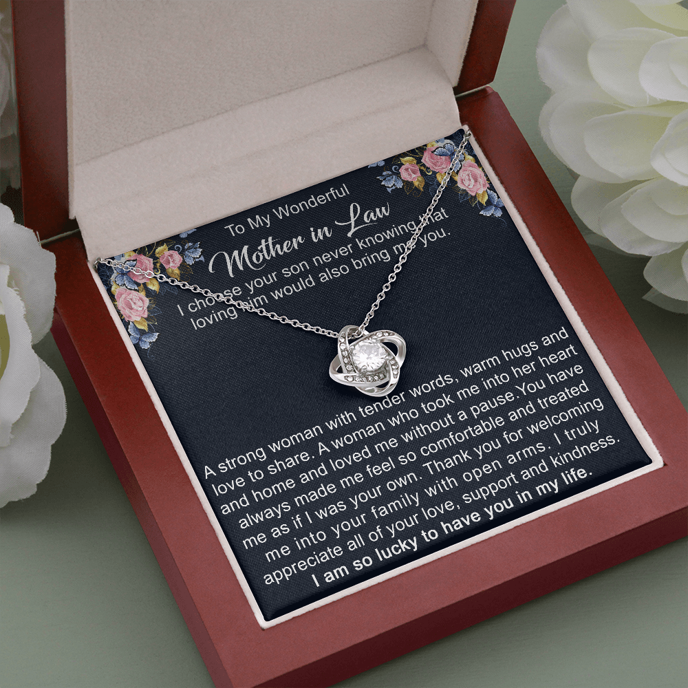 To My Boyfriend's Mom Love Knot Necklace - Mother in Law Jewelry Gift for Christmas, Birthday & Mother's Day, Message Card to Boyfriend Mother