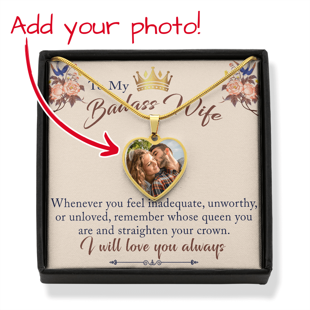 To My Badass Wife Love Gift -  Personalize Photo Pendant Heart Necklace for Valentine, Birthday, Mother's Day, Christmas...