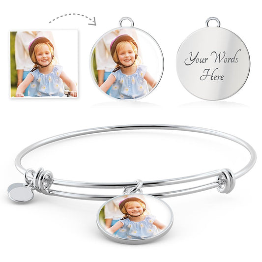 Personalized Photo Bangle Heart Pendant in Gold & Silver. Custom Picture Necklace Pets, Children and Couples