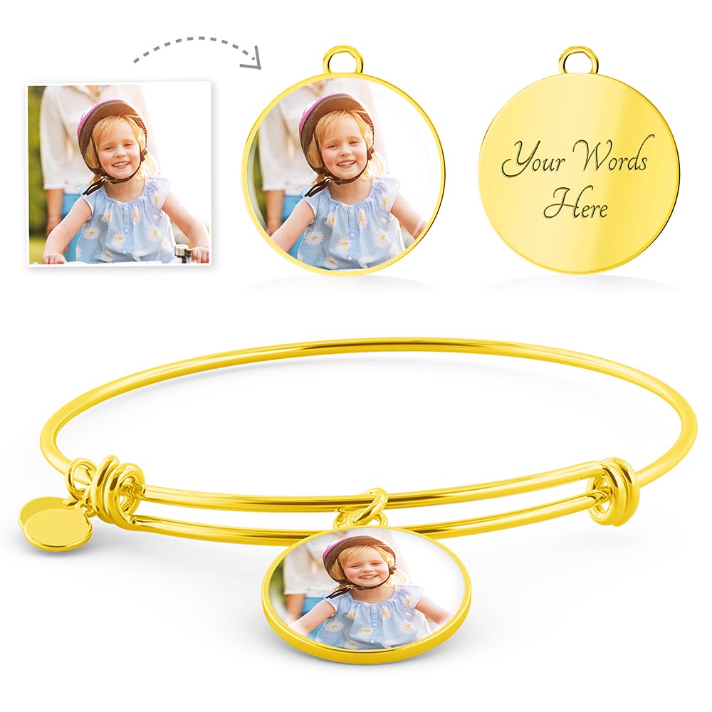 Personalized Photo Bangle Heart Pendant in Gold & Silver. Custom Picture Necklace Pets, Children and Couples